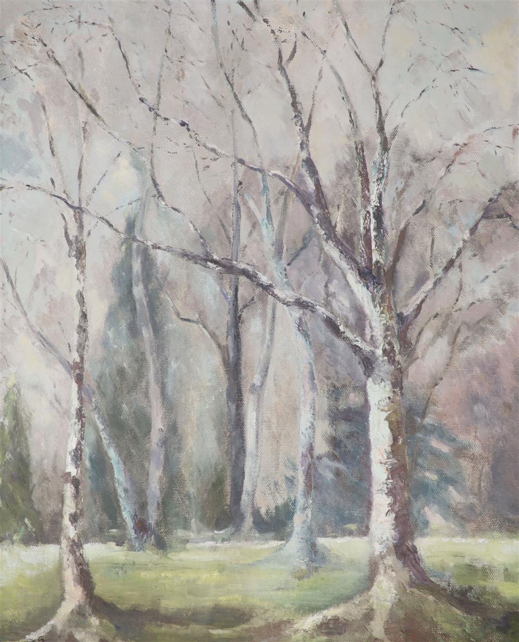 Faith Sheppard (1920-2008), oil on board, The Red Pillar Box, 30 x 75cm, and an oil study of Birch trees
